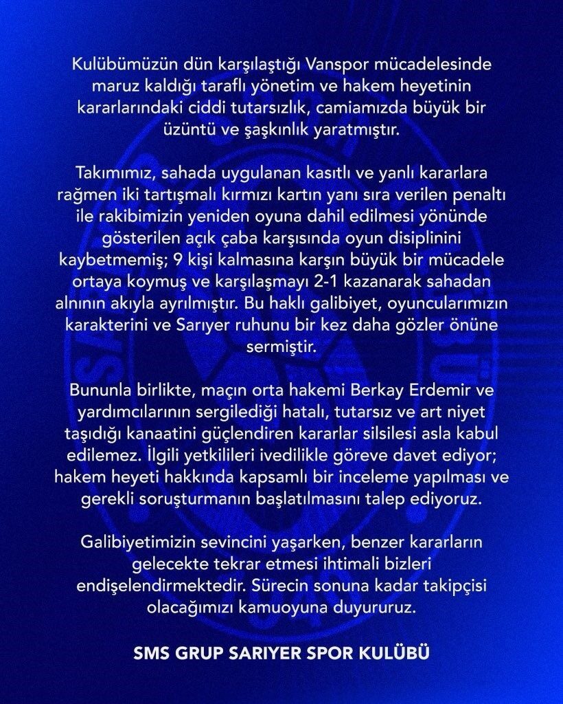 Sarıyer, Vanspor FK'yı 2-1 yenmesine rağmen hakem Berkay Erdemir ve