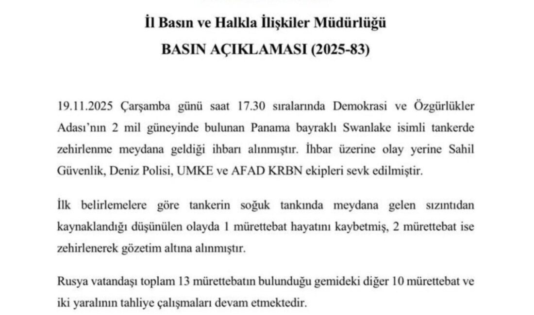 Demokrasi ve Özgürlükler Adası Açıklarında Tankerde Zehirlenme Olayı: 1 Ölü, 2 Yaralı Demokrasi ve Özgürlükler Adası açıklarında bulunan Panama bayraklı "Swanlake" tankerinde