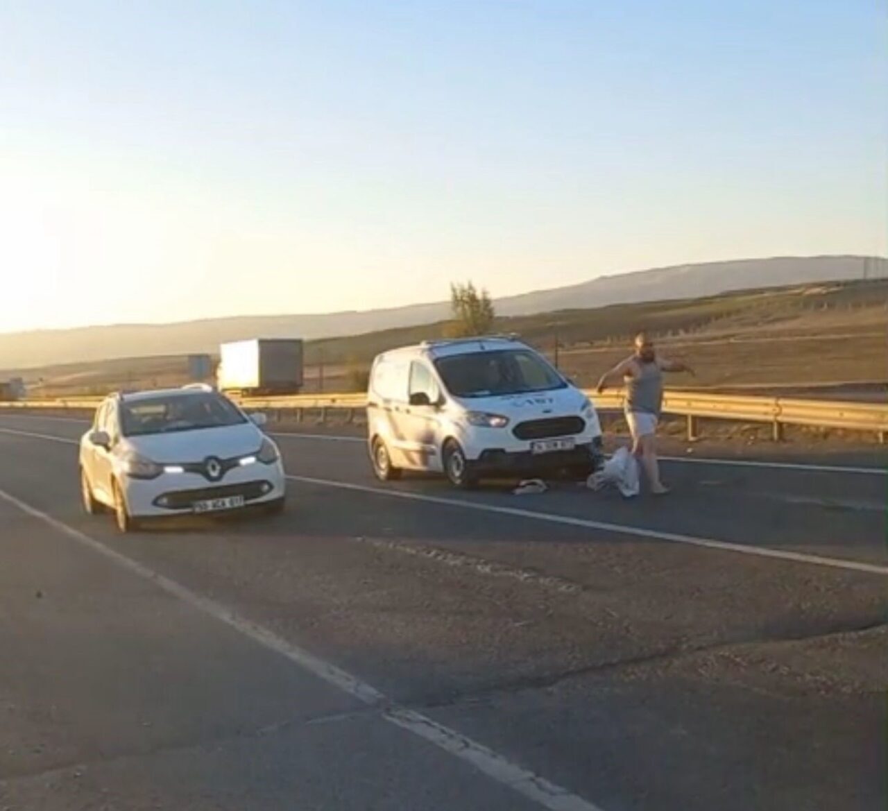 Erzurum'un Horasan ilçesinde, Sanayi Kavşağı'nda bekleyen araçların üzerine atlayan kimliği