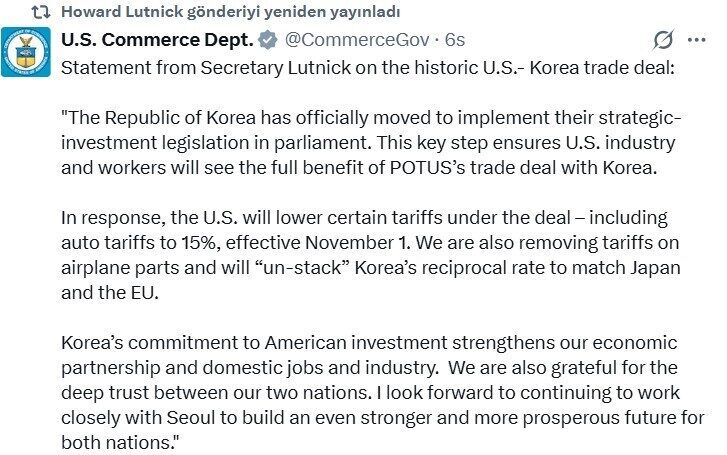 ABD Ticaret Bakanı Howard Lutnick, Güney Kore ile yapılan ticaret