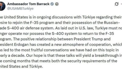 ABD'nin Ankara Büyükelçisi Tom Barrack, Türkiye'nin F-35 programına dönüşü için