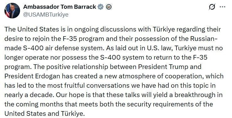 ABD Büyükelçisi Barrack: Türkiye’nin F-35 Programına Dönmesi İçin S-400 Kullanımı Engellenmeli ABD'nin Ankara Büyükelçisi Tom Barrack, Türkiye'nin F-35 programına dönüşü için