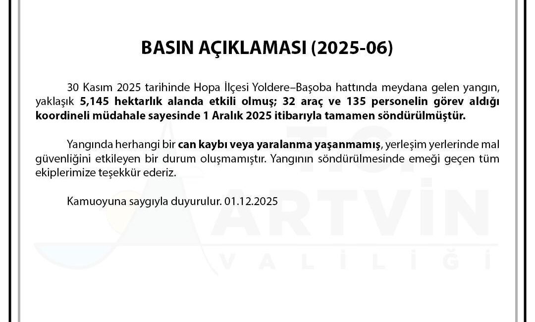 Artvin Valiliği, Hopa'daki Yoldere-Başoba hattında 30 Kasım'da çıkan orman yangınının