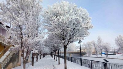 Bayburt’un Arpalı Beldesi sabah saatlerinde etkili olan kar yağışı ile