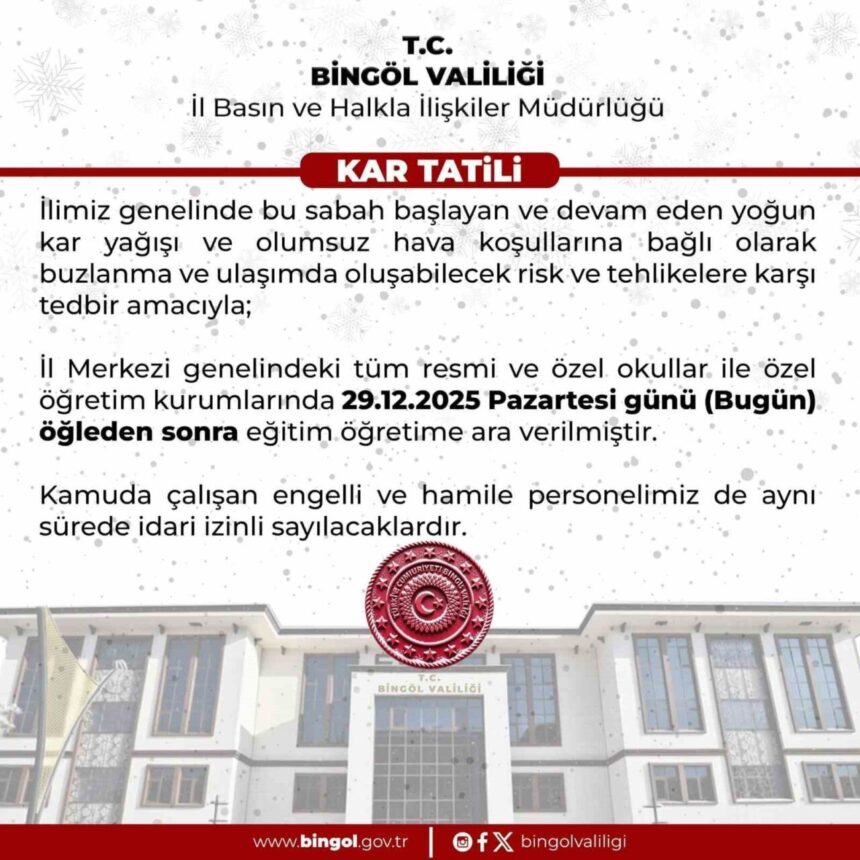Bingöl’de yoğun kar nedeniyle eğitime 1 gün süreyle ara verildi.