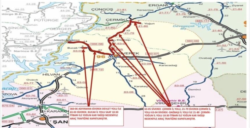 Çermik-Siverek karayolu yoğun kar nedeniyle trafiğe kapandı, sürücüler uyarıldı.