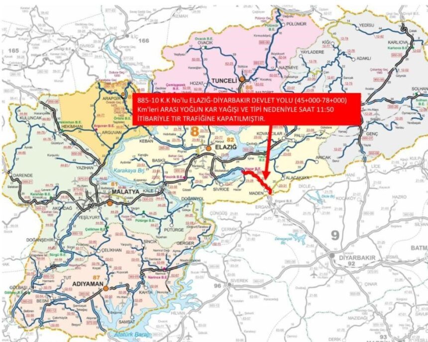 Elazığ-Diyarbakır karayolunun 45-78. kilometreleri kar yağışı sebebiyle ağır taşıtlara kapatıldı.
