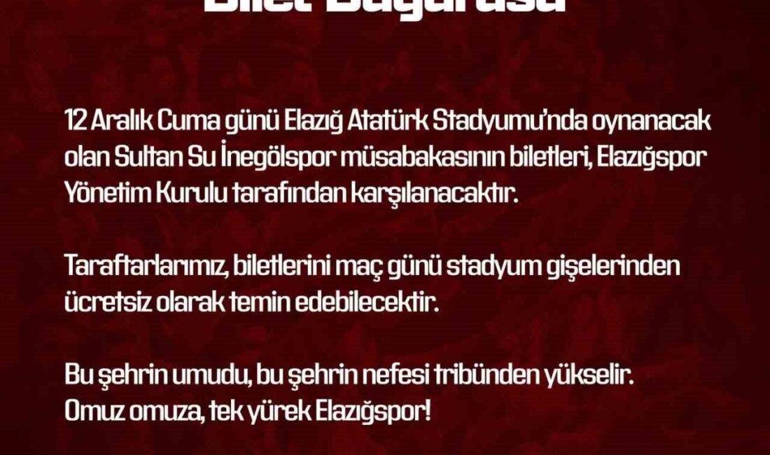 Elazığspor’dan Taraftara Ücretsiz İnegölspor Maçı Bilet Desteği Elazığspor Yönetim Kurulu, İnegölspor ile oynanacak maçı öncesi taraftarlarına biletleri