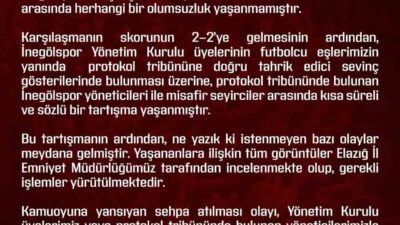 Elazığspor Kulübü, İnegölspor maçı sonrası yaşanan protokol tribünü olaylarına dair