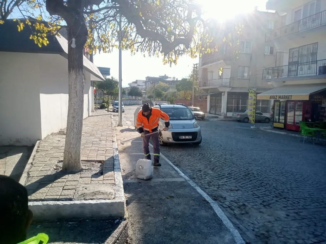 Germencik Belediyesi ekipleri, Pazarkuran Meydanı’nda haşerelere karşı kireçleme ve ağaç