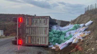Manisa'nın Gördes ilçesinde Ümit Balta'nın kullandığı yem yüklü tır, virajda