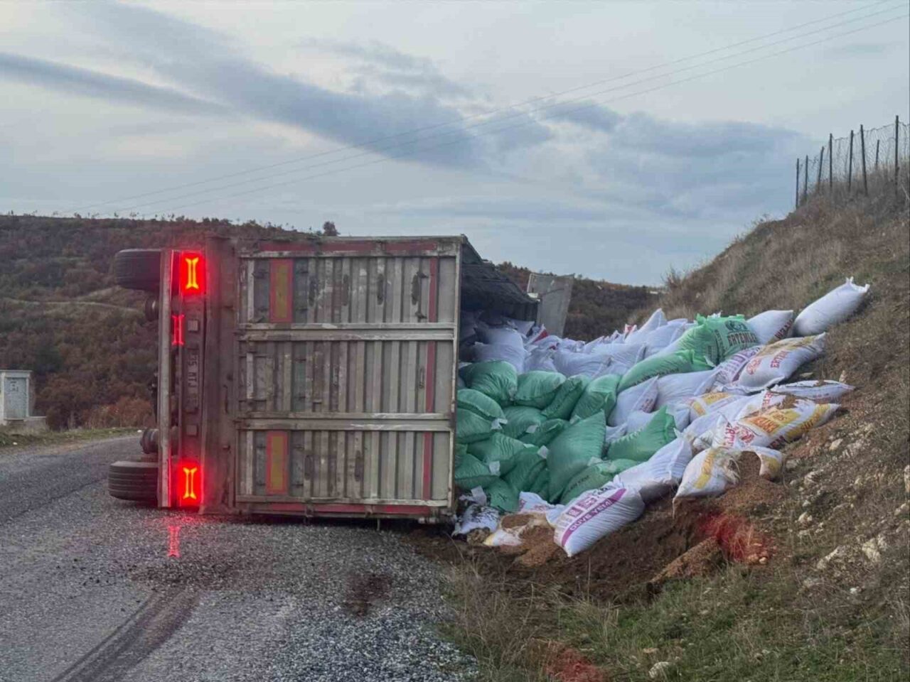 Manisa'nın Gördes ilçesinde Ümit Balta'nın kullandığı yem yüklü tır, virajda