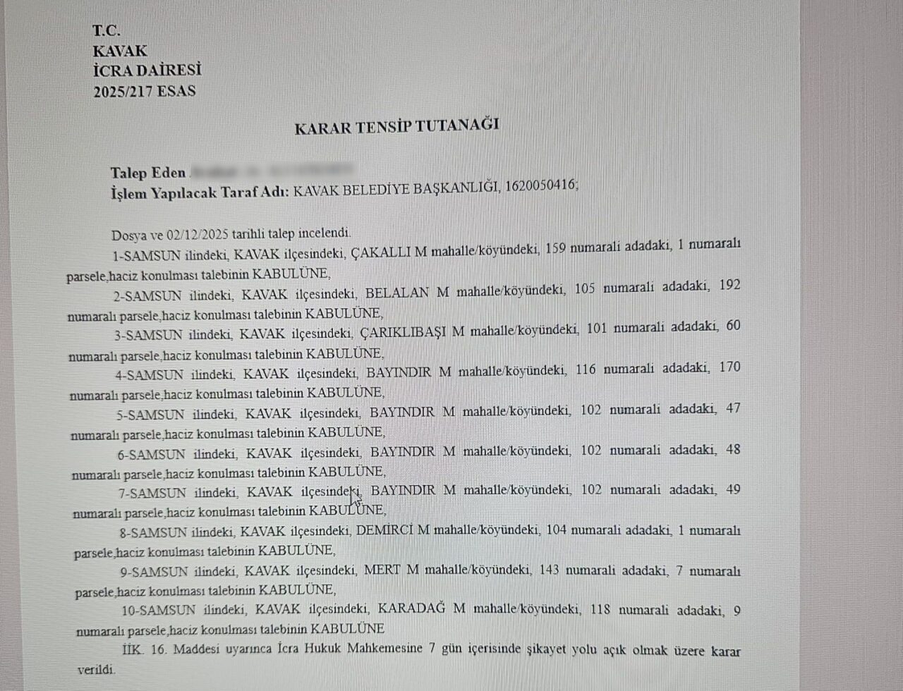 Samsun’un Kavak Belediyesi’ne ait 10 taşınmaz, bir iş adamının başlattığı