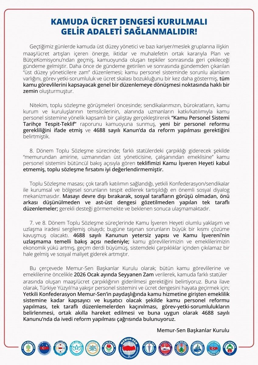 Memur-Sen Başkanlar Kurulu, kamu personel sisteminde reform çağrısı yaptı. 4688