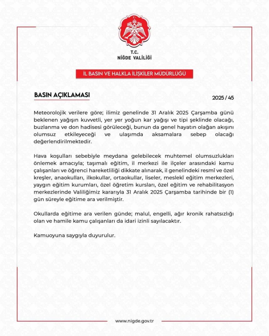 Niğde’de olumsuz hava koşulları nedeniyle eğitime 31 Aralık 2025’te 1 gün ara verildi.