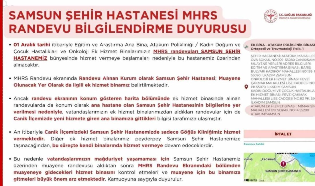 Samsun Şehir Hastanesi’nde Randevu Alarken Doğru Hizmet Binasını Kontrol Etmeniz Gerekiyor Samsun İl Sağlık Müdürlüğü, MHRS üzerinden alınan randevularda muayene binasının