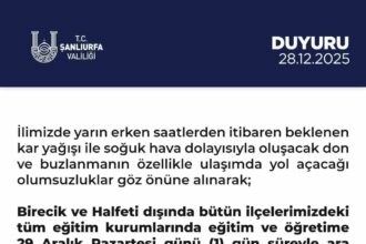 Şanlıurfa’da yoğun kar yağışı nedeniyle okullara 1 gün ara verildi, Birecik ve Halfeti hariç.