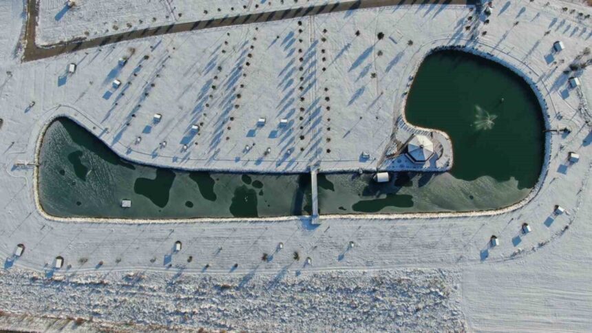 Sivas’ta soğuk hava etkisiyle yapay gölet buzla kaplanırken, ördekler suyun açık kısmında yüzmeye çalıştı.