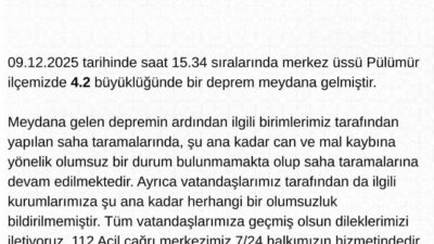 09 Aralık 2025'te Tunceli'nin Pülümür ilçesinde meydana gelen 4.2 büyüklüğündeki