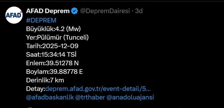 Tunceli’nin Pülümür ilçesinde 4.2 büyüklüğünde bir deprem gerçekleşti. Afet ve