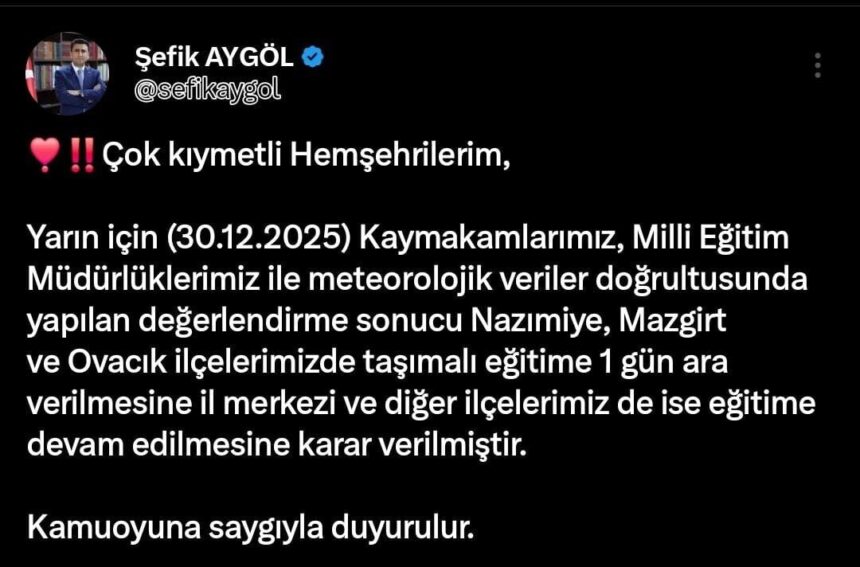 Tunceli’de yoğun kar ve buzlanma nedeniyle 3 ilçede taşımalı eğitime 1 gün ara verildi.