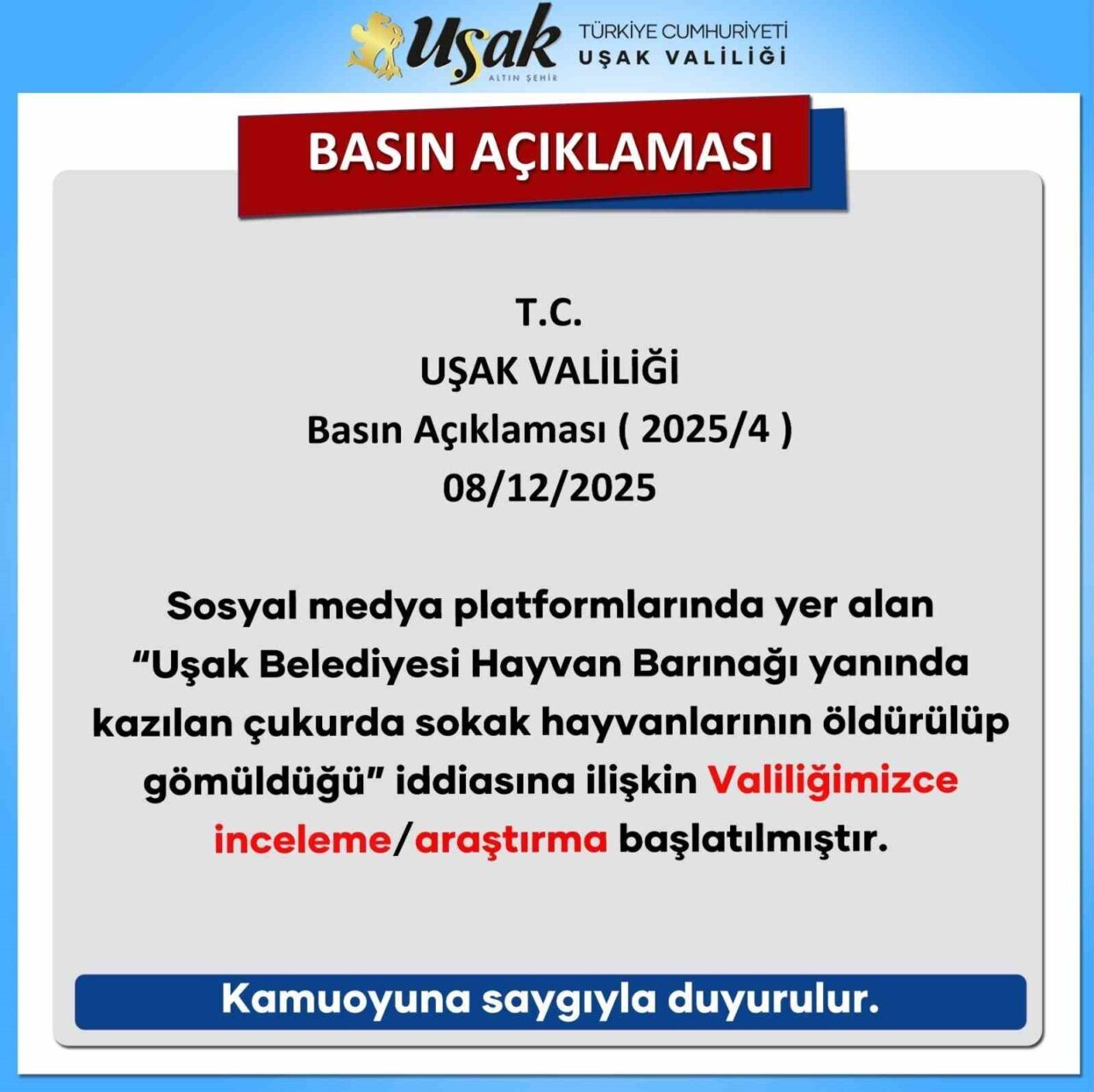 Uşak Valiliği, Uşak Belediyesi Sokak Hayvanları Geçici Bakım Evi yakınında