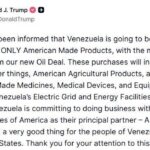 Trump, Venezuela’nın ABD ile petrol anlaşmasından elde edilen gelirle yalnızca Amerikan ürünleri alacağını duyurdu.