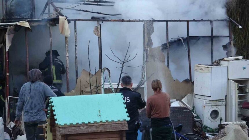 Antalya’da boş arazideki konteyner evde çıkan yangında iki kedi telef oldu, ev kullanılamaz hale geldi.
