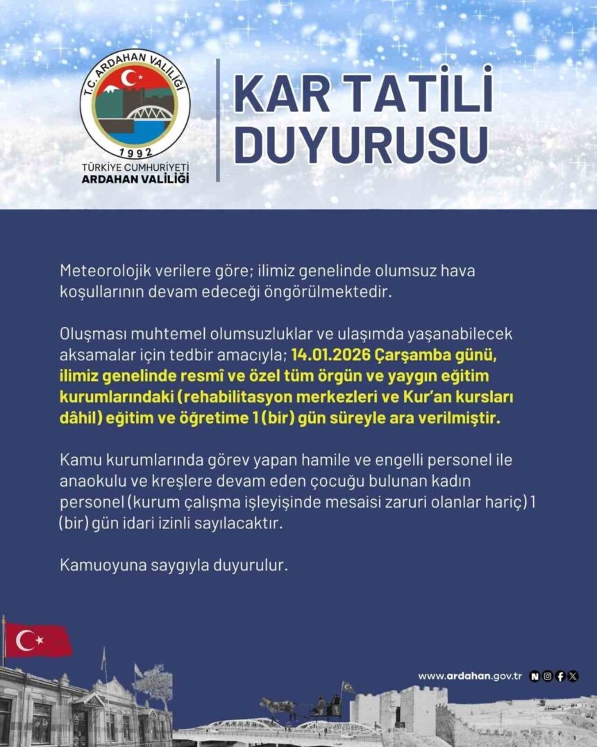 Ardahan’da olumsuz hava koşulları nedeniyle eğitim 14 Ocak Çarşamba günü durduruldu. Ardahan’da olumsuz hava koşulları nedeniyle eğitim 14 Ocak Çarşamba günü durduruldu.
