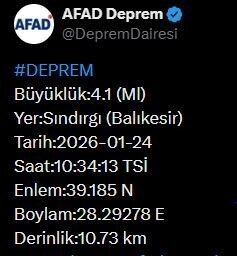 AFAD, Balıkesir’in Sındırgı ilçesinde 4.1 büyüklüğünde deprem olduğunu duyurdu. AFAD, Balıkesir’in Sındırgı ilçesinde 4.1 büyüklüğünde deprem olduğunu duyurdu.