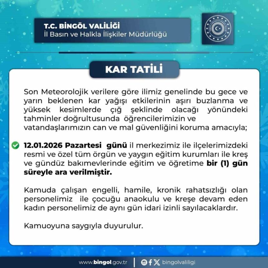 Bingöl’de kar yağışı ve buzlanma nedeniyle eğitime 1 gün ara verildi. Bingöl’de kar yağışı ve buzlanma nedeniyle eğitime 1 gün ara verildi.