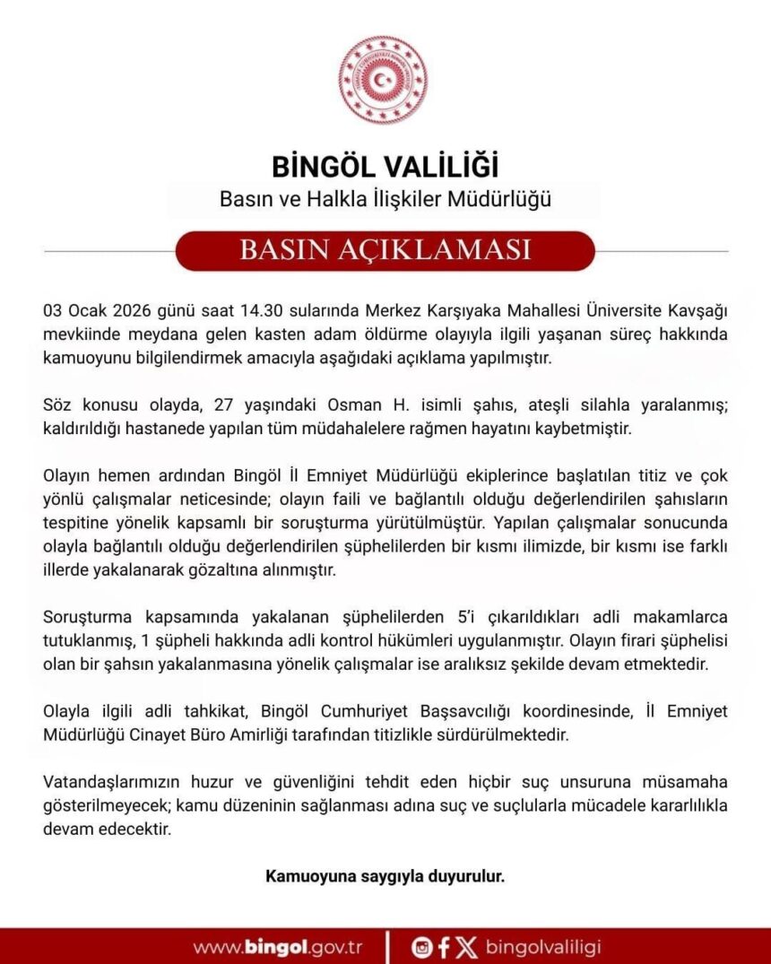 Bingöl’deki cinayet soruşturmasında 6 şüpheli gözaltına alındı, 5’i tutuklandı.