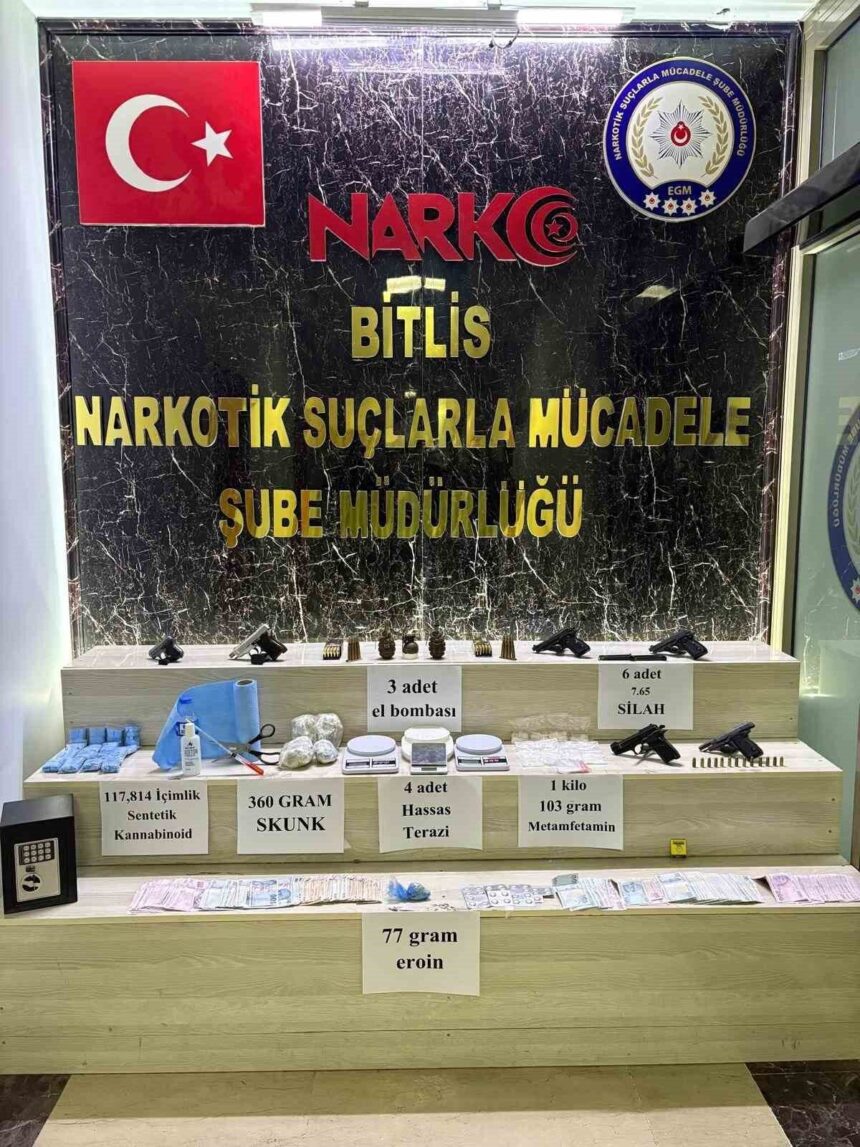 BİTLİS (İHA) – Bitlis’te gerçekleştirilen narkotik operasyonunda 27 kişi tutuklanırken, çok sayıda uyuşturucu ve silah ele geçirildi. BİTLİS (İHA) – Bitlis’te gerçekleştirilen narkotik operasyonunda 27 kişi tutuklanırken, çok sayıda uyuşturucu ve silah ele geçirildi.