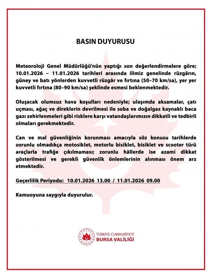 Bursa’da Fırtına Uyarısı: 10-11 Ocak’ta Şiddetli Rüzgar Bekleniyor Bursa’da Fırtına Uyarısı: 10-11 Ocak’ta Şiddetli Rüzgar Bekleniyor