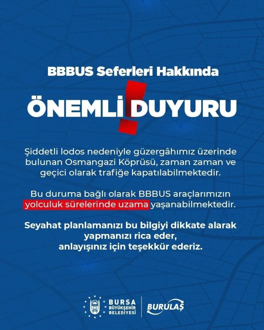 Bursa’nın Burulaş Firması, olumsuz hava koşulları nedeniyle Sabiha Gökçen otobüs seferlerinde gecikme yaşandığını bildirdi. Bursa’nın Burulaş Firması, olumsuz hava koşulları nedeniyle Sabiha Gökçen otobüs seferlerinde gecikme yaşandığını bildirdi.