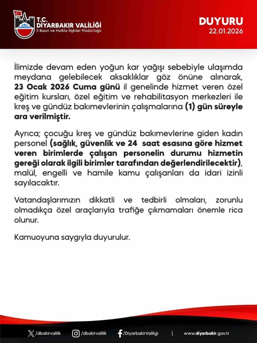 Diyarbakır’da yoğun kar nedeniyle kreş ve özel eğitim kurumları 1 gün kapalı kalacak. Diyarbakır’da yoğun kar nedeniyle kreş ve özel eğitim kurumları 1 gün kapalı kalacak.