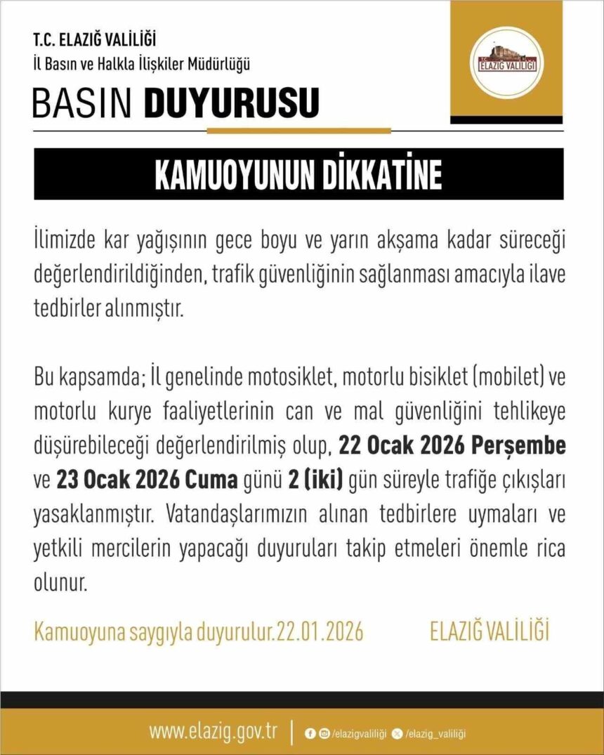 Elazığ’da kar yağışı nedeniyle motorlu taşıtların trafiğe çıkması 2 gün süreyle yasaklandı. Elazığ’da kar yağışı nedeniyle motorlu taşıtların trafiğe çıkması 2 gün süreyle yasaklandı.