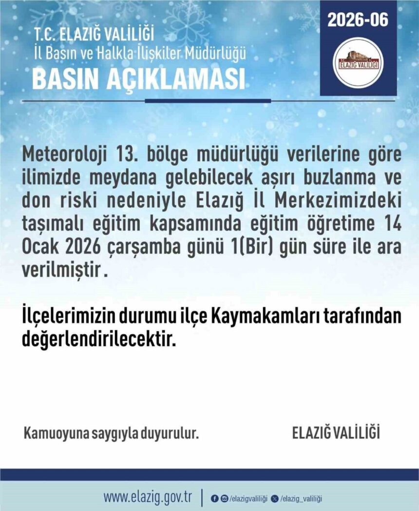 Elazığ’da don ve buzlanma nedeniyle 1 gün süreyle taşımalı eğitime ara verildi. Elazığ’da don ve buzlanma nedeniyle 1 gün süreyle taşımalı eğitime ara verildi.