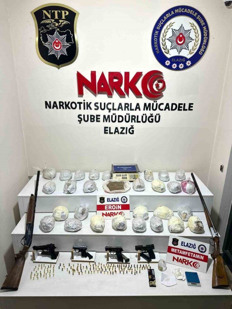 Elazığ’da düzenlenen operasyonla 30 kilo 800 gram eroin, çok sayıda silah ve nakit para ele geçirildi, 4 kişi gözaltına alındı.
