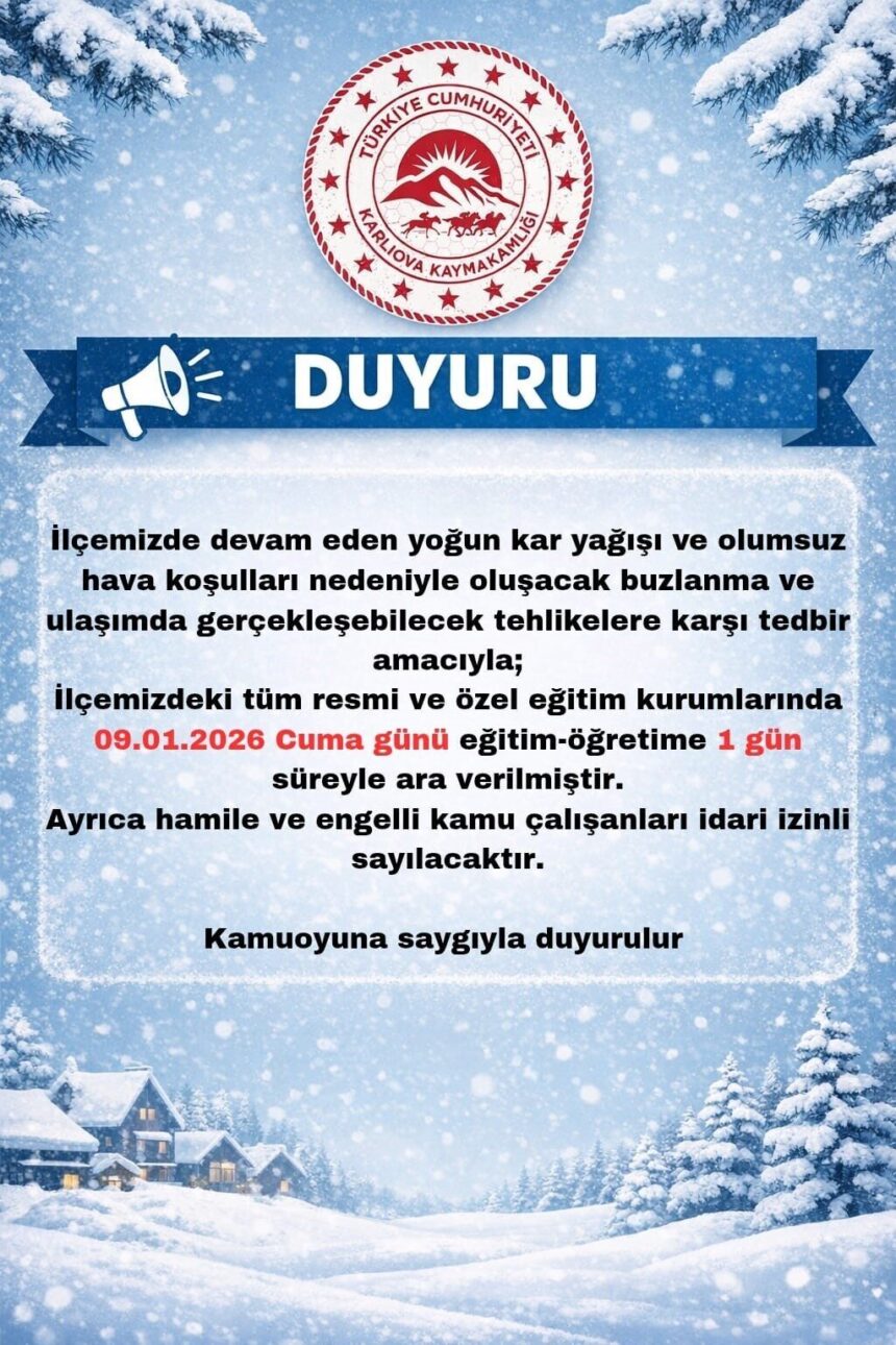 Karlıova’da yoğun kar nedeniyle eğitim-öğretime 1 gün ara verildi. Hamile ve engelliler idari izinli. Karlıova’da yoğun kar nedeniyle eğitim-öğretime 1 gün ara verildi. Hamile ve engelliler idari izinli.