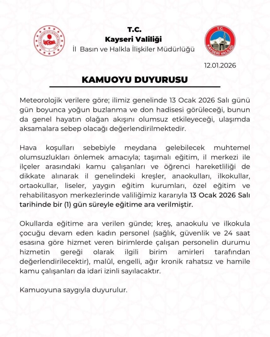Kayseri’de yoğun kar yüzünden eğitime 1 gün ara verildi. Kayseri’de yoğun kar yüzünden eğitime 1 gün ara verildi.