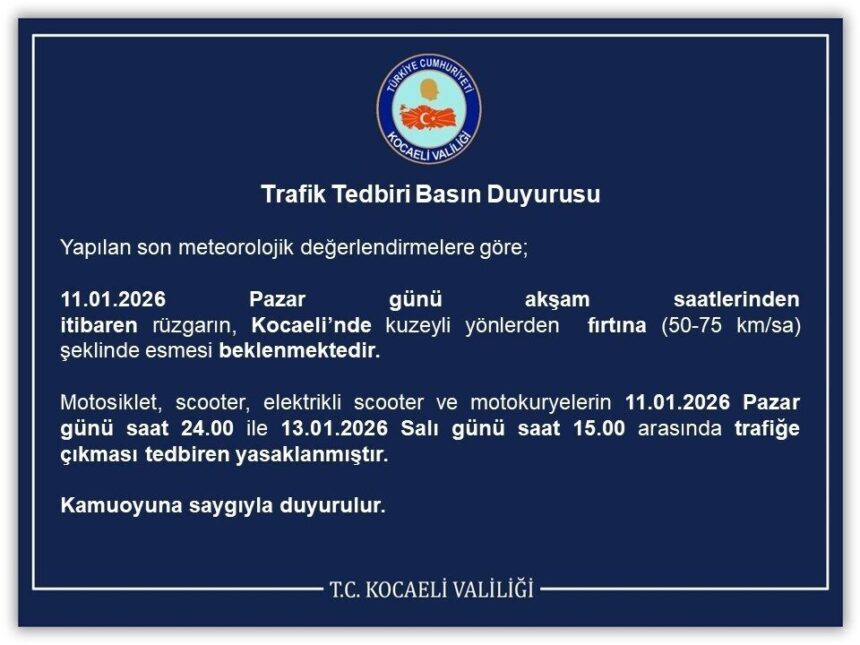 Kocaeli Valiliği, beklenen fırtına nedeniyle motosiklet ve benzeri araçların trafiğe çıkmasını yasakladı. Kocaeli Valiliği, beklenen fırtına nedeniyle motosiklet ve benzeri araçların trafiğe çıkmasını yasakladı.