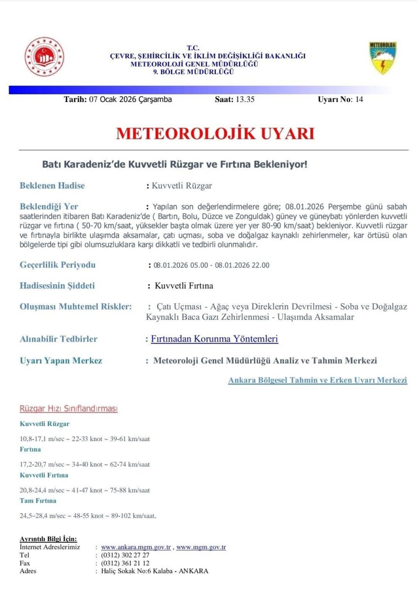 Meteoroloji, Zonguldak’ın da yer aldığı Batı Karadeniz için fırtına uyarısı yaptı. Rüzgar 90 km/sa’ye ulaşabilir. Meteoroloji, Zonguldak’ın da yer aldığı Batı Karadeniz için fırtına uyarısı yaptı. Rüzgar 90 km/sa’ye ulaşabilir.