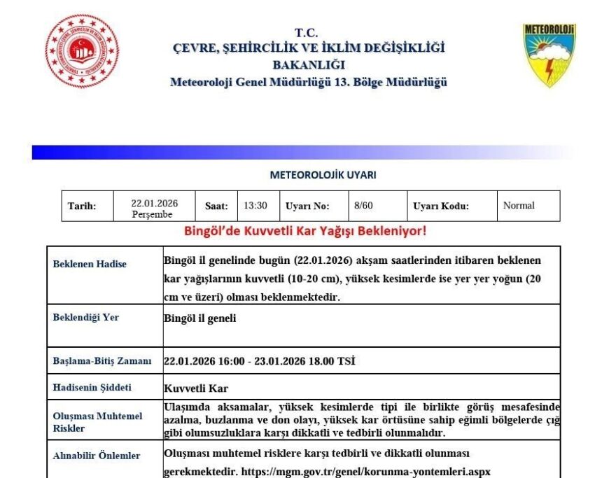 Meteoroloji Bingöl için kuvvetli kar yağışı uyarısı yaptı. Meteoroloji Bingöl için kuvvetli kar yağışı uyarısı yaptı.
