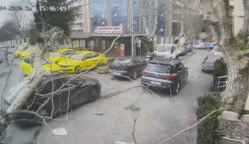 Sarıyer’de güçlü rüzgar sebebiyle devrilen ağaç, park halindeki arabanın üzerine düştü.