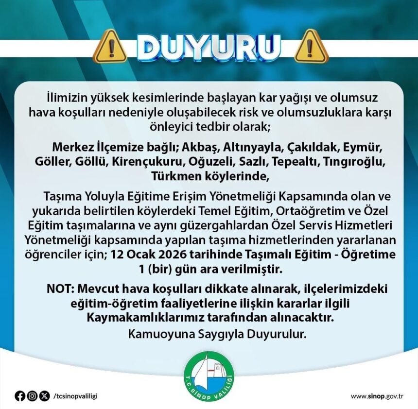 Sinop’ta yoğun kar nedeniyle bazı köylerde taşımalı eğitime 12 Ocak’ta bir gün ara verildi. Sinop’ta yoğun kar nedeniyle bazı köylerde taşımalı eğitime 12 Ocak’ta bir gün ara verildi.