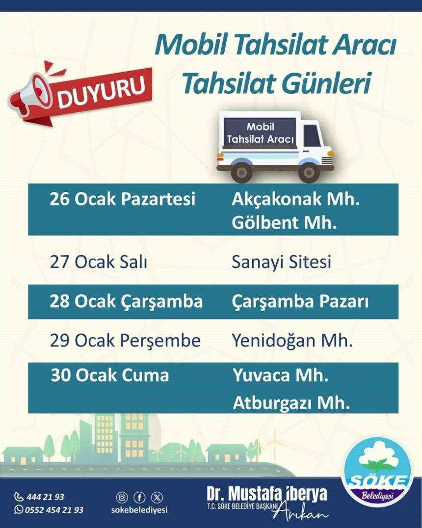 Söke Belediyesi’nin mobil tahsilat aracı, ödemeleri kolaylaştırmak için yeniden mahallelerde hizmet verecek. Söke Belediyesi’nin mobil tahsilat aracı, ödemeleri kolaylaştırmak için yeniden mahallelerde hizmet verecek.