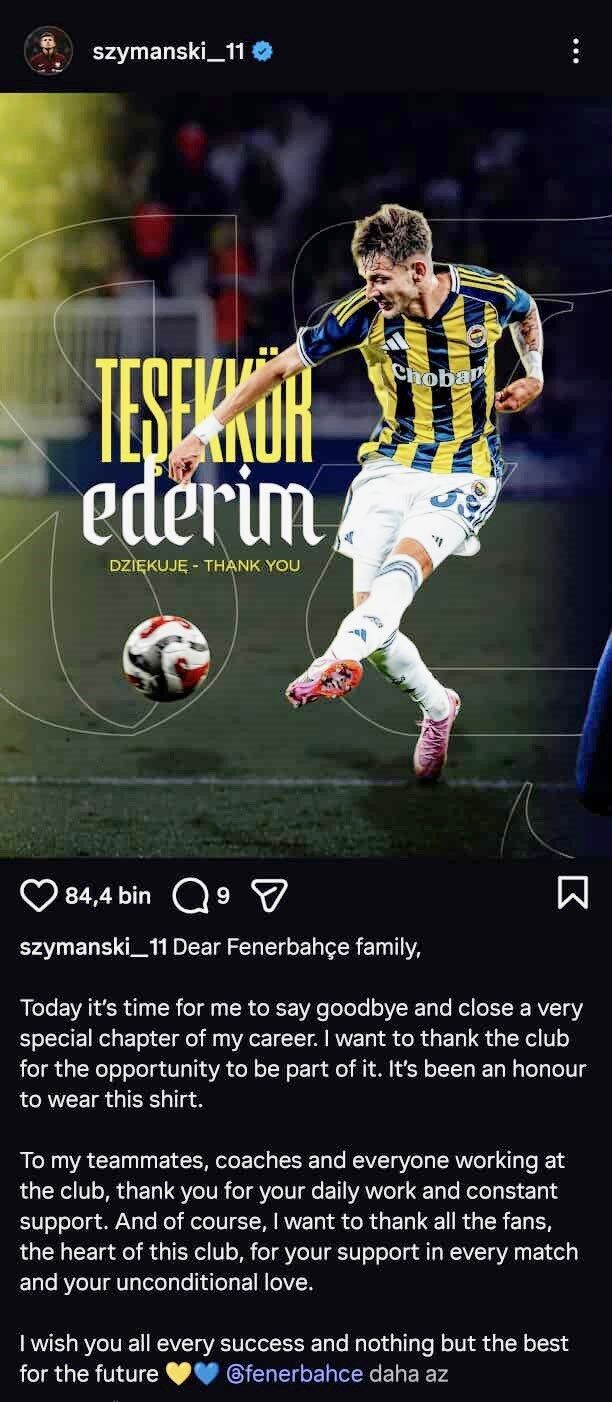 Sebastian Szymanski, Fenerbahçe’ye veda ettiğini sosyal medya hesabından duyurdu. Sebastian Szymanski, Fenerbahçe’ye veda ettiğini sosyal medya hesabından duyurdu.