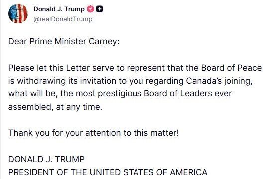 Trump, Kanada Başbakanı Carney’e Gazze Barış Kurulu davetini geri çektiğini duyurdu. Trump, Kanada Başbakanı Carney’e Gazze Barış Kurulu davetini geri çektiğini duyurdu.