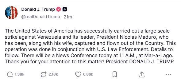 ABD Başkanı Trump, Venezuela’ya saldırıyı doğruladı; Maduro ve eşi ülkeden çıkarıldı.